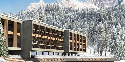 Hotels an der Piste - Hotel-Schwerpunkt: Skifahren & Familie - Wolkenstein-Gröden - Hotelfassade im Winter - Sporthotel Obereggen