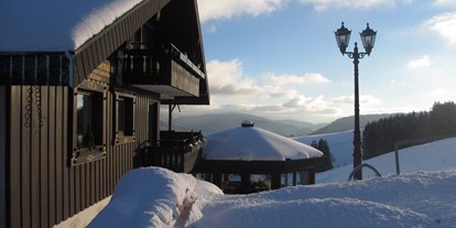 Hotels an der Piste - Hotel-Schwerpunkt: Skifahren & Familie - Baden-Württemberg - Panorama Lodge Sonnenalm im Winter mit Blick nach Süden zu den Alpen - Panorama Lodge Sonnenalm Hochschwarzwald