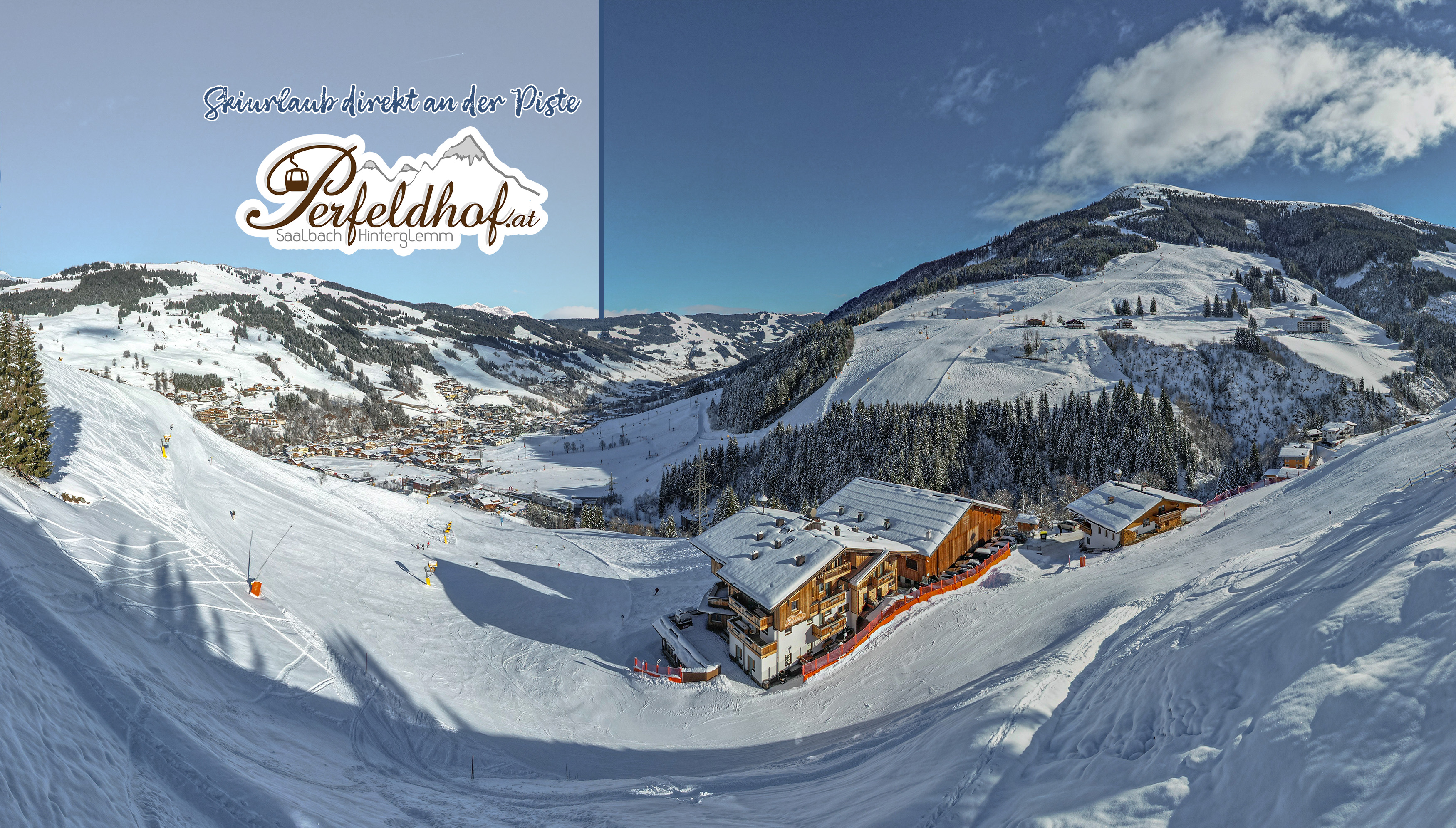 Skihotel - Die tolle Lage des Perfeldhofes inmitten des Skigebiets Saalbach-Hinterglemm - Ferienwohnungen Perfeldhof