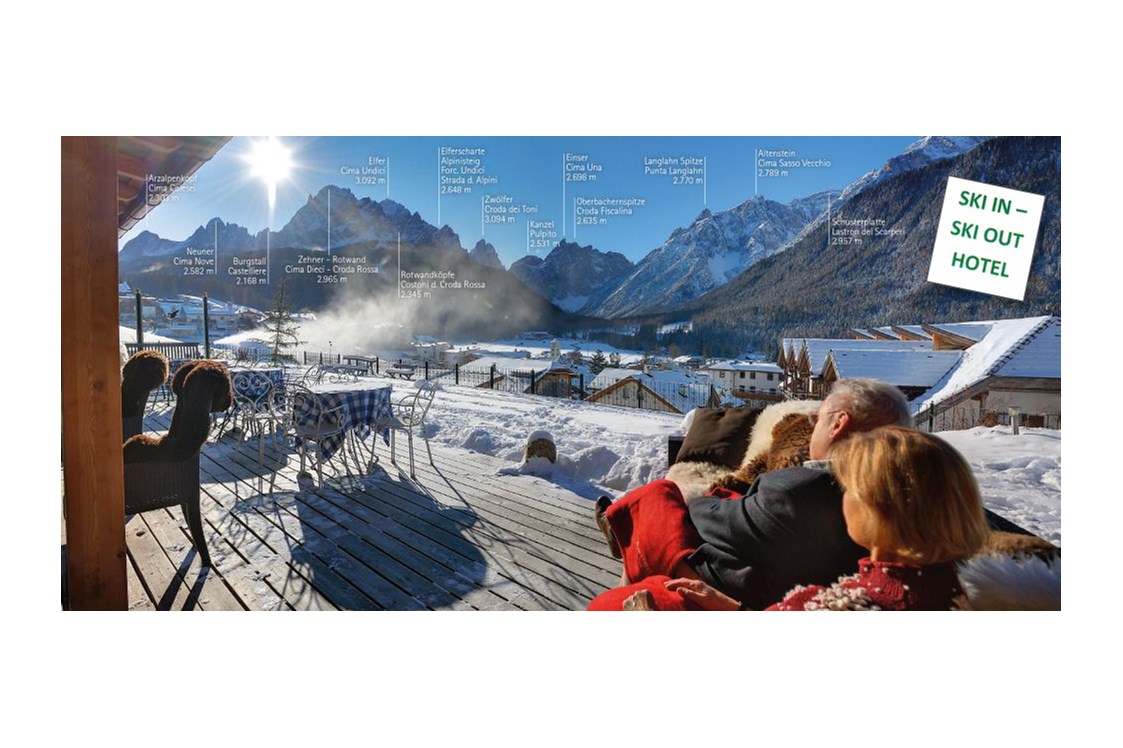Skihotel: Blick von der Terrasse - Berghotel Sexten Dolomiten