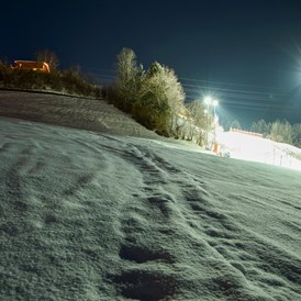 Skihotel: Aussicht von den Chalets auf die Skipiste mit Nachtskilauf - Chalets & Apartments Wachterhof