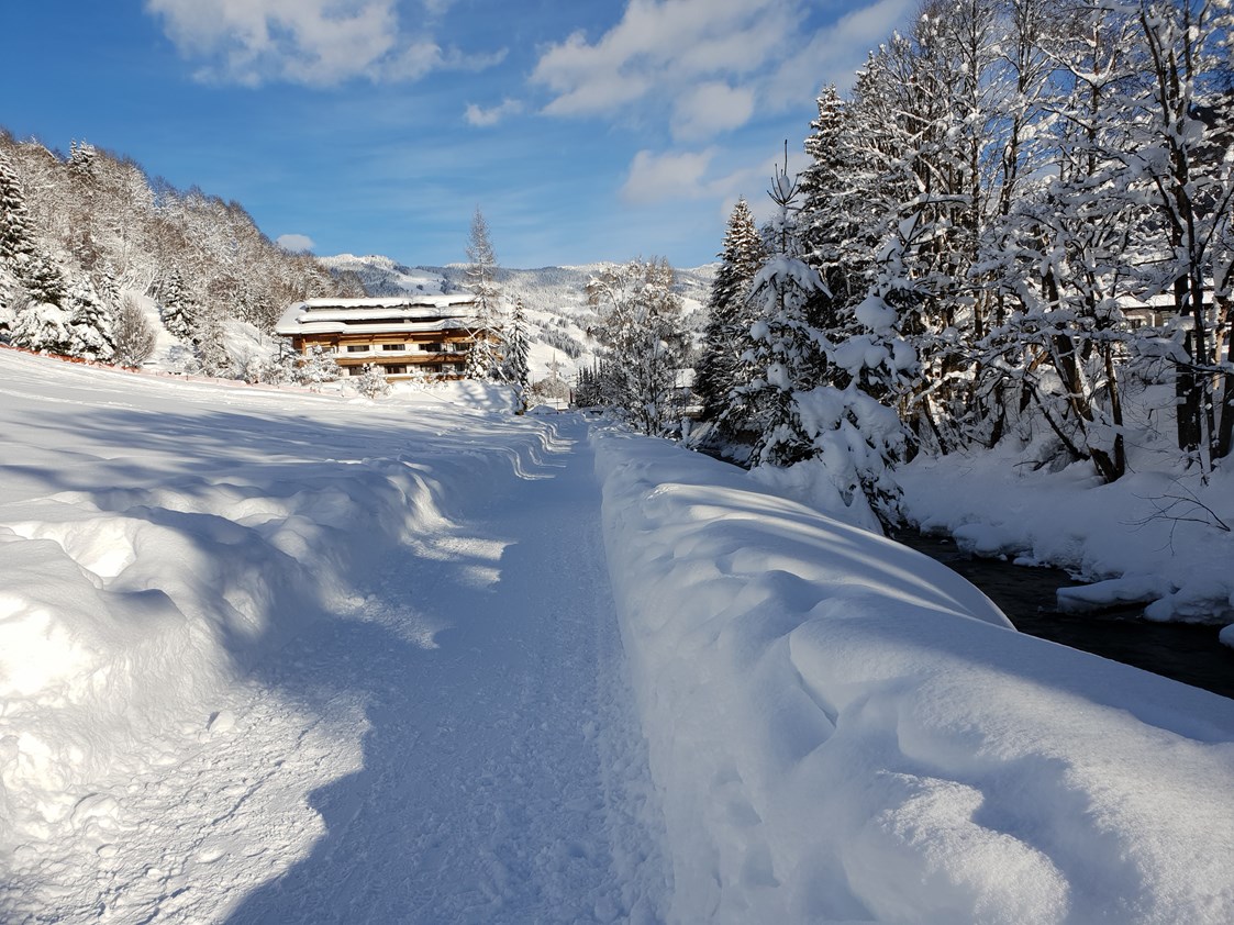 Skihotel: Ruhige Lage, 800 m am geräumten Wanderweg bis in das Dorfzentrum Hinterglemm. - Erstklassig & down to Earth - das bio-zertifizierte Gartenhotel Theresia****S 